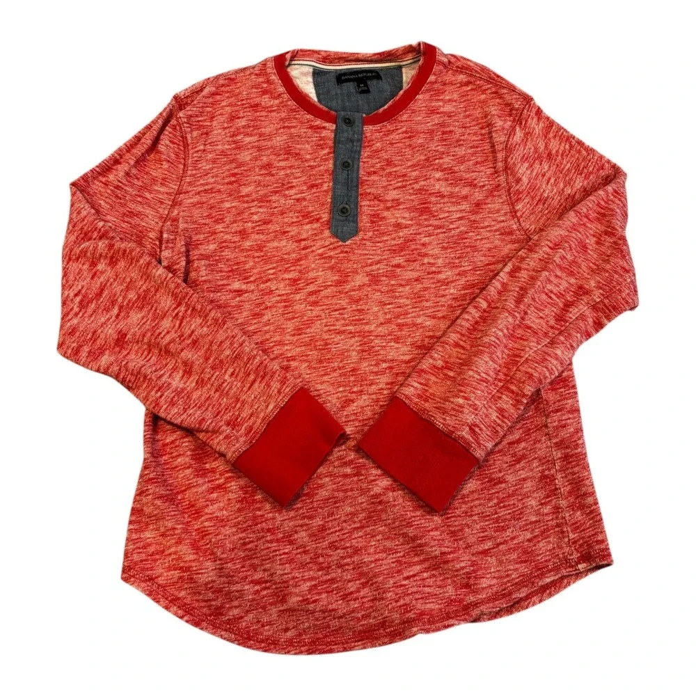 Banana Republic Marled Men's Henley Long Sleeve Shirt Red Cotton Size M